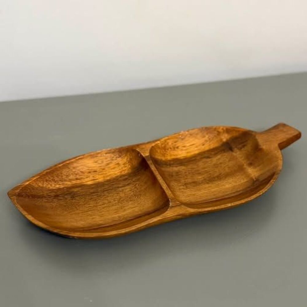 Vintage Wooden Leaf-Shaped Divided Serving Tray